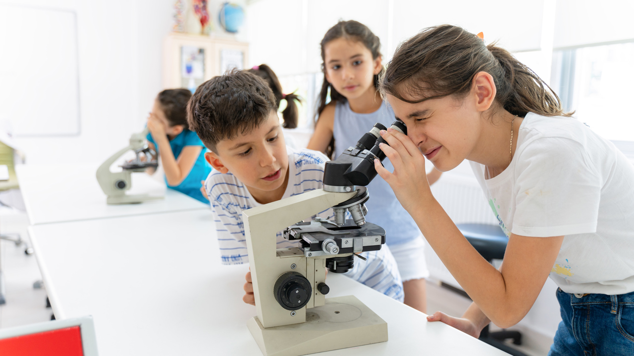 A group of primary school aged children gather round a bench in a school setting to look at a microscope. One pupil is looking down the lens.